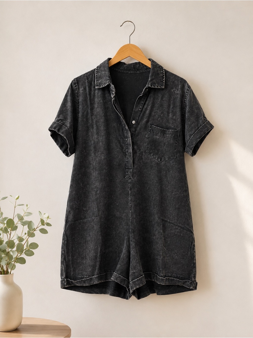 Zenana Outfitters Acid Washed Black Short-Sleeve Romper